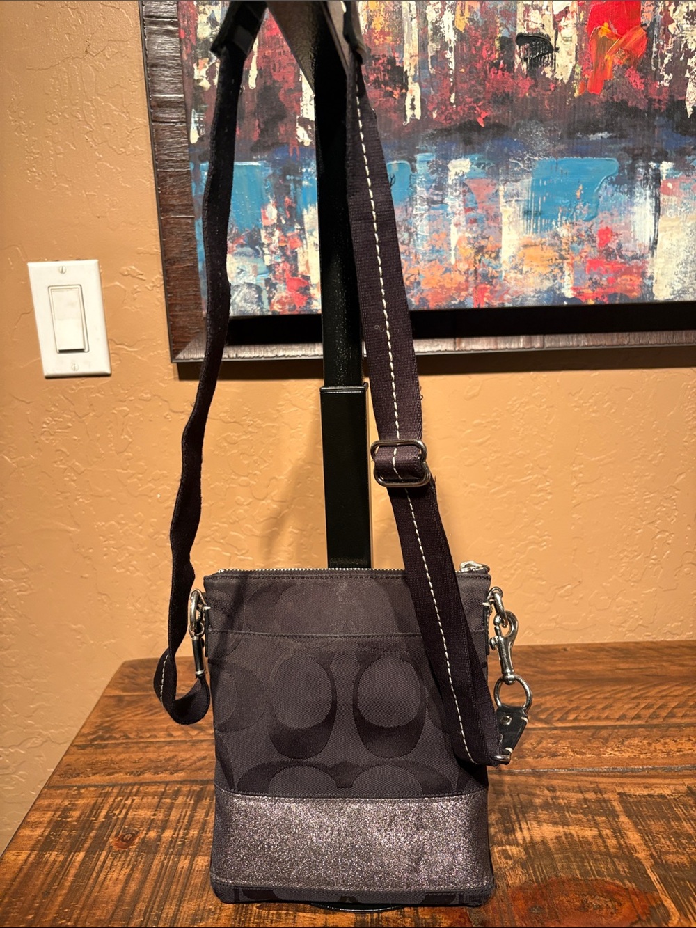 Coach Black Canvas with Metallic Silver Trim Crossbody